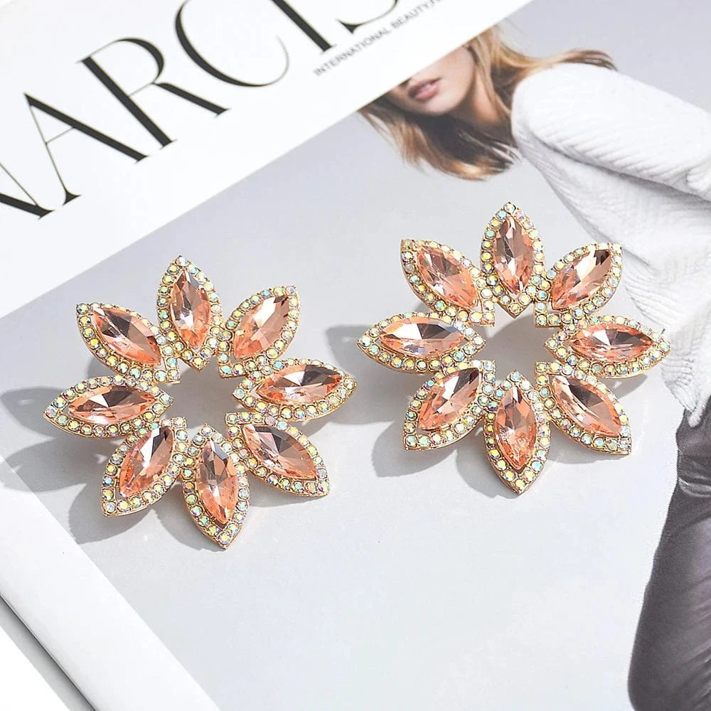 New Style Classical Flower Colorful Glass Stone Drop Earrings For Women Girls Crystal Accessories Statement Jewelry Wholesale