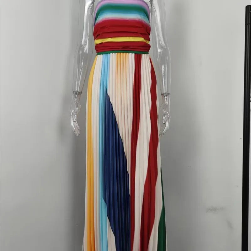 Elegant Sexy Off Shoulder Tube Tops Colorful Stripes Maxi Dress Women Sleeveless Color Collision Wrinkles Irregular Party Dress