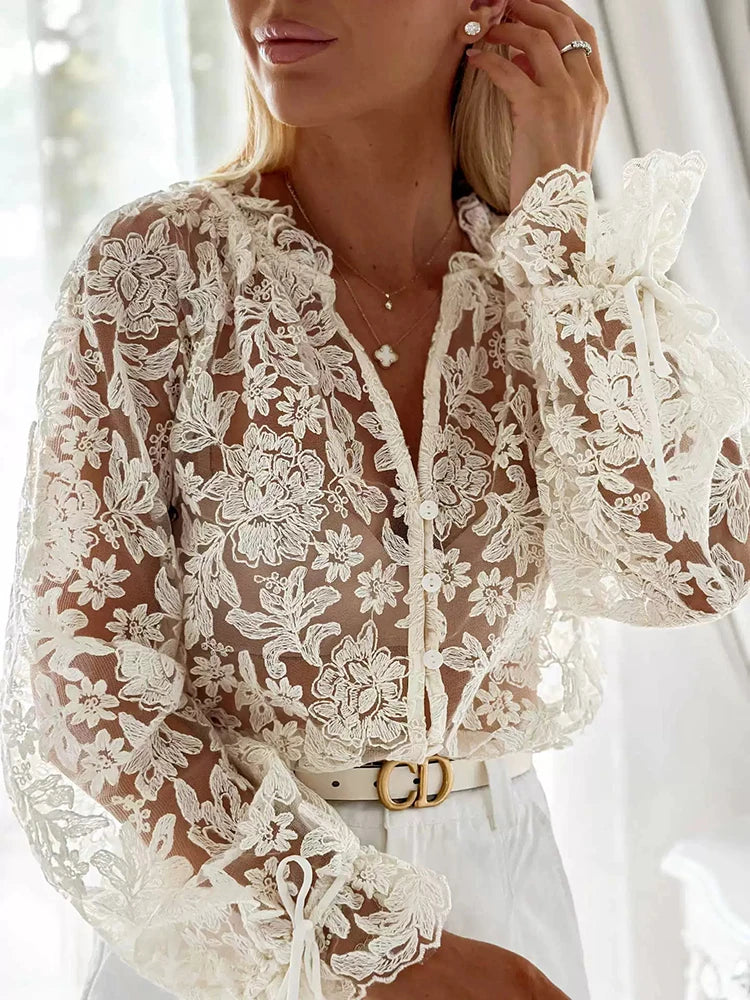 Lace Embroidered V Neck Long Sleeve Blouse for Women