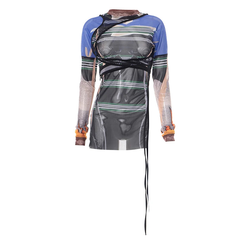 Weird Puss Sexy Irregular t-Shirts Women See Through Full Sleeve Split Ribbon Coquette Midnight Clubwear Wild Stretch Long Tees