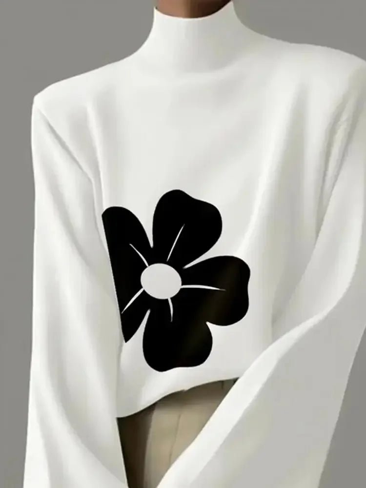 2024 New Spring Fashion Flower Printed High Neck Flared Sleeves Tops Korean Casual White T-Shirts For Women