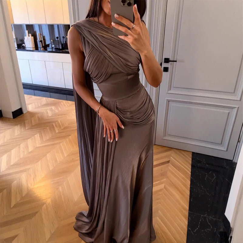 Spring Summer High Waisted Women's Banquet Dress Elegant Temperament Solid Color Slim Host Dress Casual Draped Office Long Dress