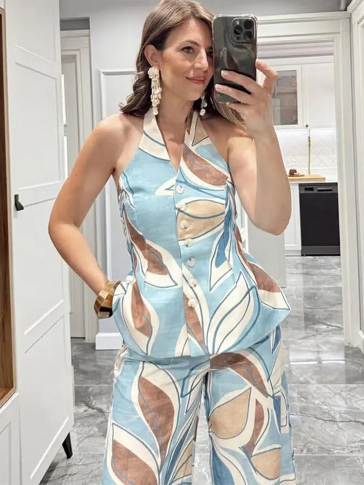 Halter Print Top Pants Set Women Backless Crop Tops Wide Leg Baggy Pants Two Pieces Set Chic Vacation Casual Women Outfit