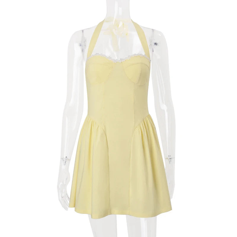 Lace Patchwork Off Shoulder Pleated Club Party Dress Sexy Women's Chest Wrap High Waist Short Dresses Summer Small Yellow Dress