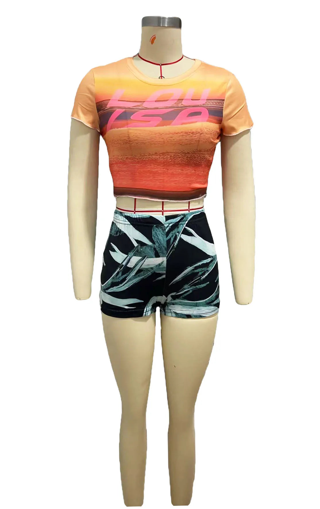 Joskaa 2025 Summer Print 2 Piece Set Women Hipster Short Sleeve Crop T-Shirt+Shorts Match Holiday Beach Outfits Streetwear S-XXL