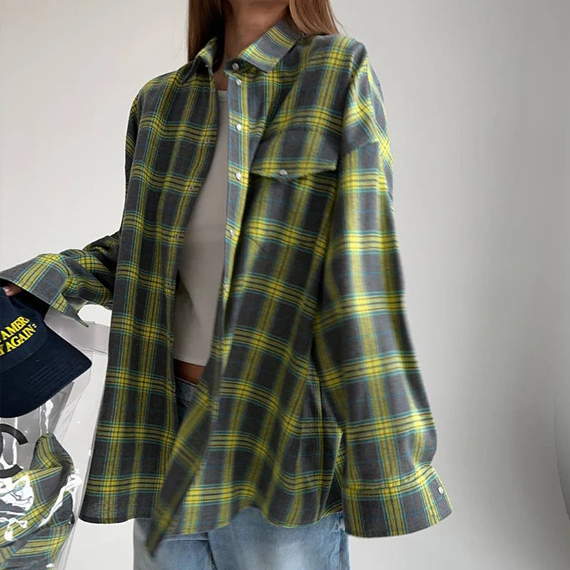 FSMG-Versatile Plaid Shirt For Women, Red Bright Grid, Oversized Blouse, Leisure And Fashionable Top, Spring And Autumn Seasons