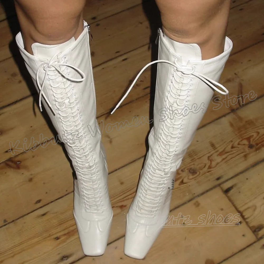 Sewing Knee High Boots Leather Lace-Up Patchwork Square Toe Kitten Heels Fashion Luxury Elegant Concise Sexy Women Shoes Newest