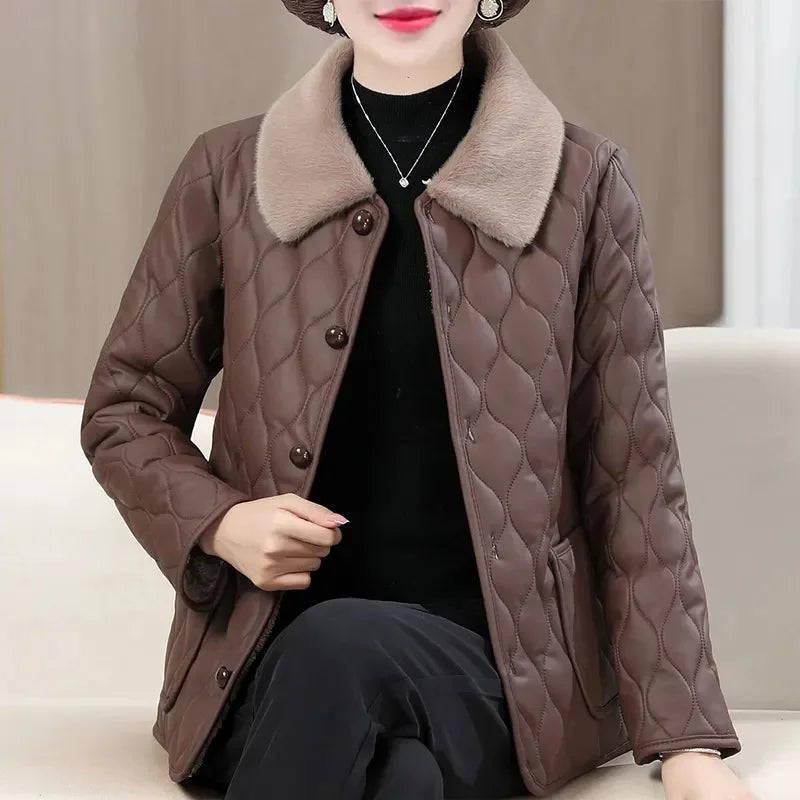 Winter Plush Jacket Winter Mom's Fashion Plus Size Loose Thick Fur Collar Coat For Mid-Aged Women With Velvet Warm Quilted Coat