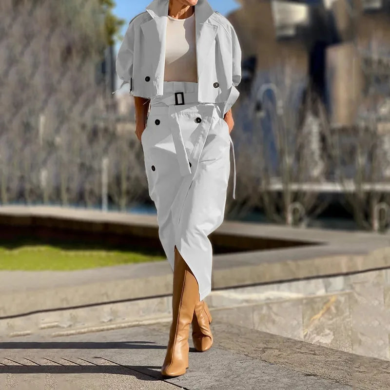 Two Piece Set Women Dress Sets Belt Midi Skirts Cardigan Coats Suits A Line Loose Fit Casual Frock Skirt Office Lady Spring
