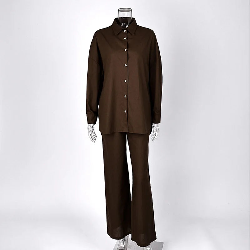 Casual Solid + Shirt and Wide Leg Pants Set + for Women