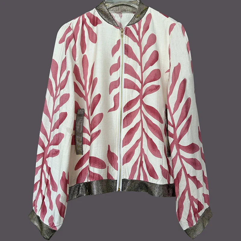 Office Ladies Elegant Zipper Comfortable Coat New 2025 Autumn Leaf Print Street Jackets Women O-neck Long Sleeved Loose Outwear