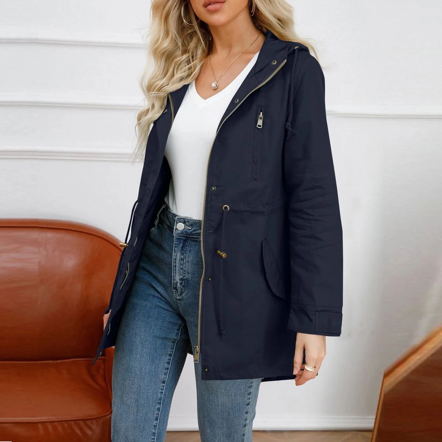Women's Hooded Trench Coat Spring Autumn Fitted Solid Color Jacket for Daily Outdoor Camping Hiking