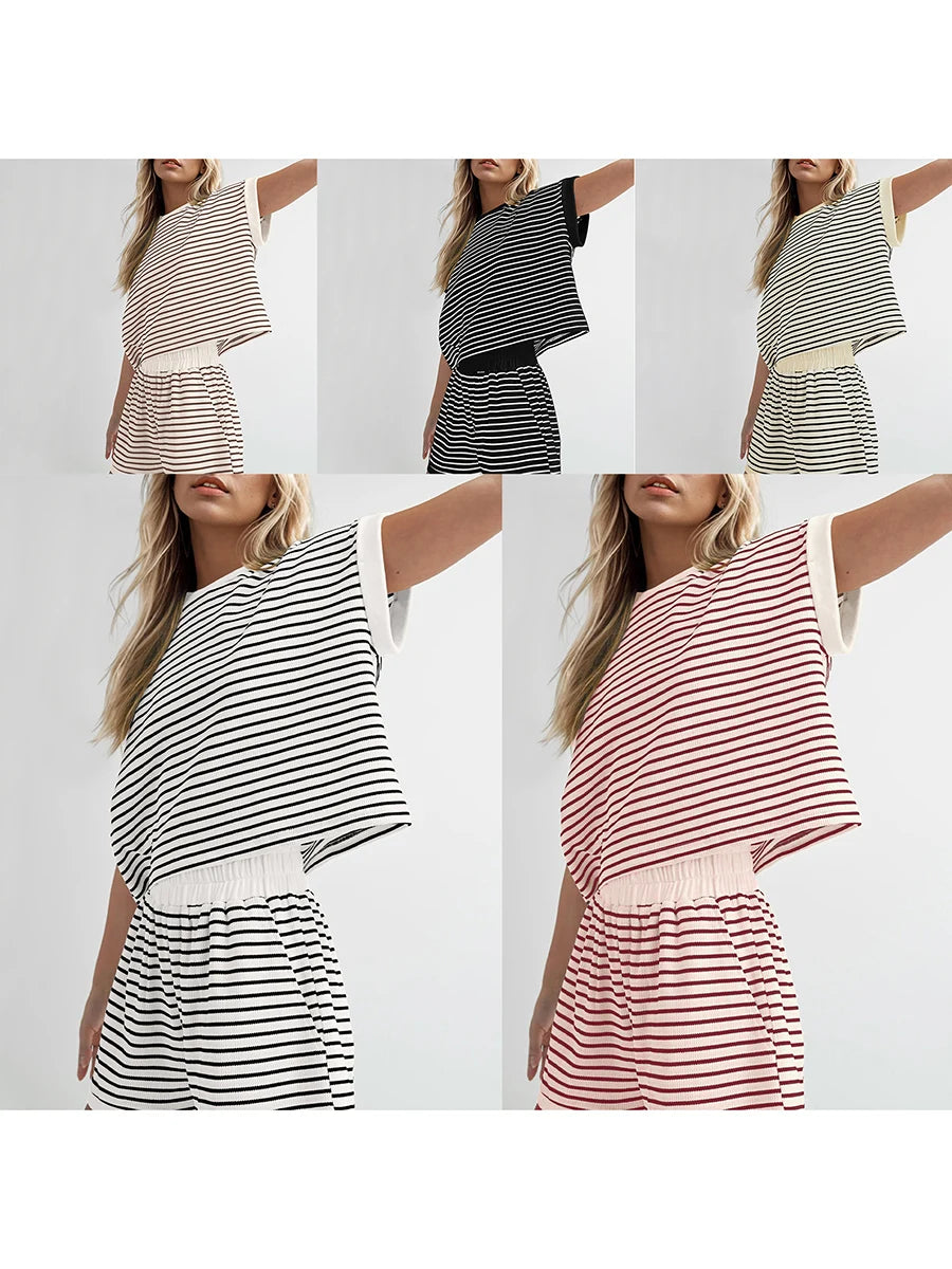 Women’s Casual 2 Piece Outfits Summer Short Sleeve Stripes Print Tops + Elastic Waist Shorts Set Loungewear for Sports Work Out