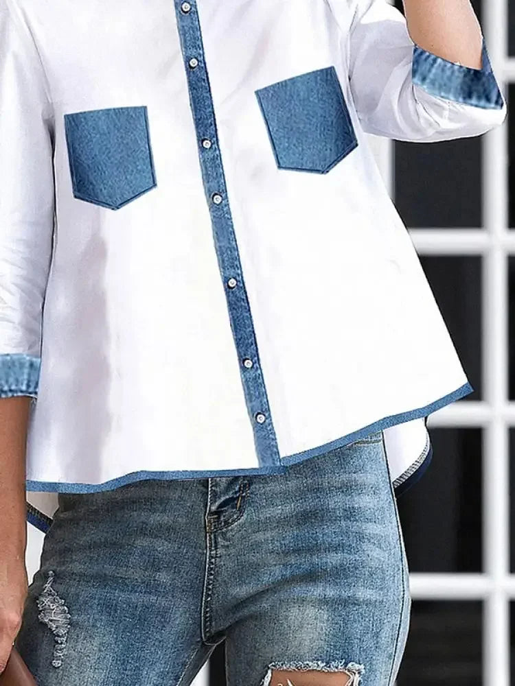 Beautyblue Pockets Shirts Women's High-Low Blouses 2025 New Summer Buttoned A-line Mock Neck Loose Casual Female T-shirts Tops