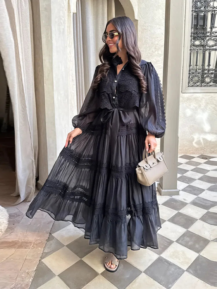 Embroidered maxi Dress Women Lapel Hollow Fashionable Short Sleeve Belt High Waist long Dresses Female Summer Chic robe