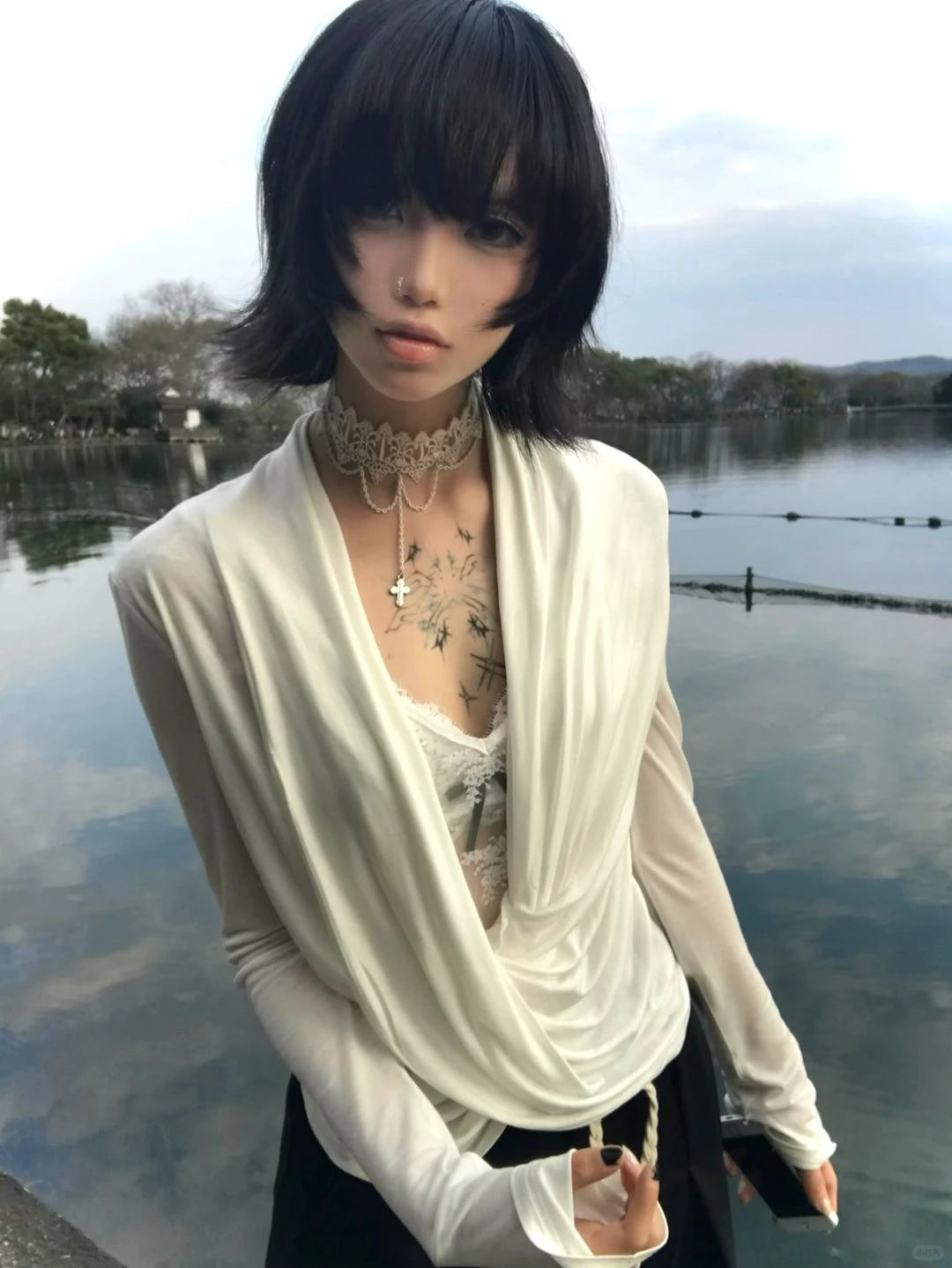 Karrram Japanese Y2k Cross Tops Trashy 2000s Style V-neck Long Sleeve T-shirt Vintage Harajuku White Irregular Tops American 90s