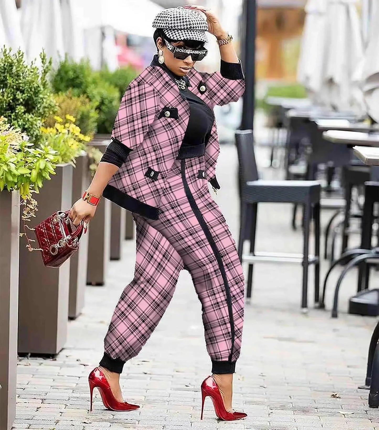CM.YAYA Houndstooth Patchwork Two 2 Piece Set for Women Vintage Fitness Outfits Jacket + Pants Set Streetwear Tracksuit