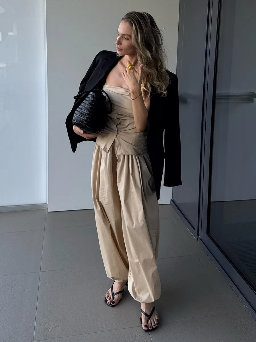 Bornladies Autumn Womens 100% Cotton Loose Lantern Style Wide Leg Pants Street Style Casual Lazy Pants Fashion Trousers