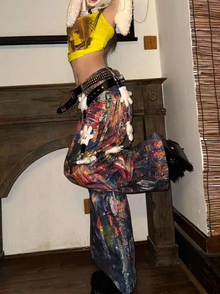 Messy Layered Design Sense Watercolor Ink Splash 3D Color Printed Jeans Women Loose Comfortable Street Versatile Wide-leg Pants