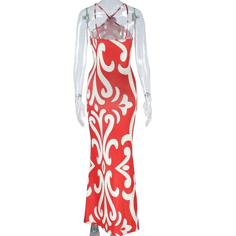 Fashionable European Style Printed Sexy Sleeveless Halter Neck Floral Decorated Hip Dress Trendy Women's Ready-Made Dress