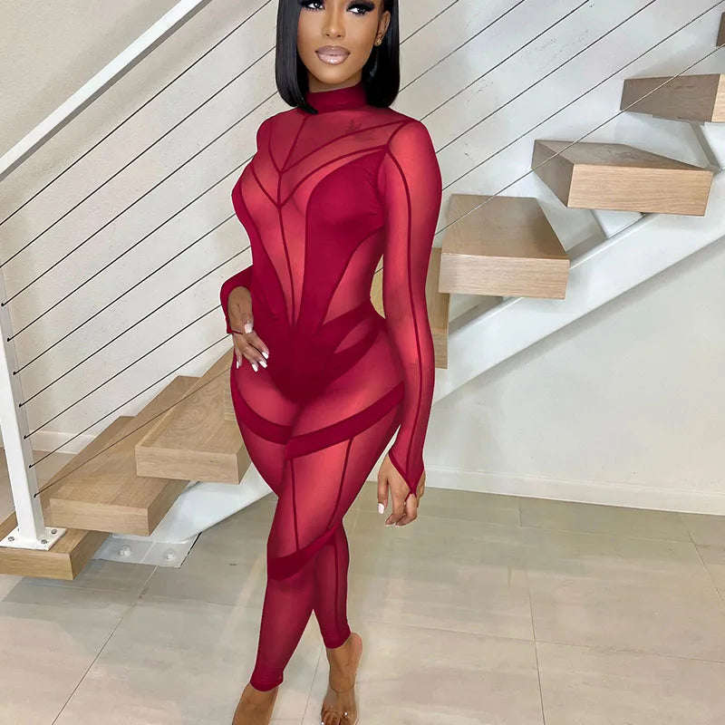 Sexy Sheer Mesh Jumpsuits Women Party Club Outfits Skinny Patchwork Long Sleeve See Through Rompers Womens Jumpsuit Midnight
