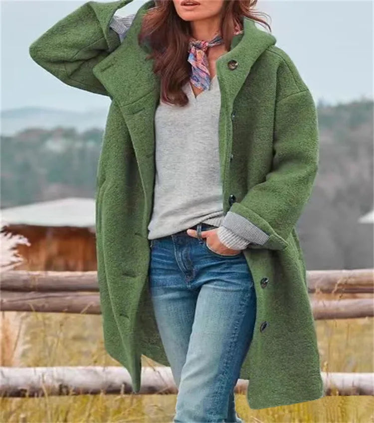 Oversized Hooded Casual Solid Color Wool Blend Coat for Women