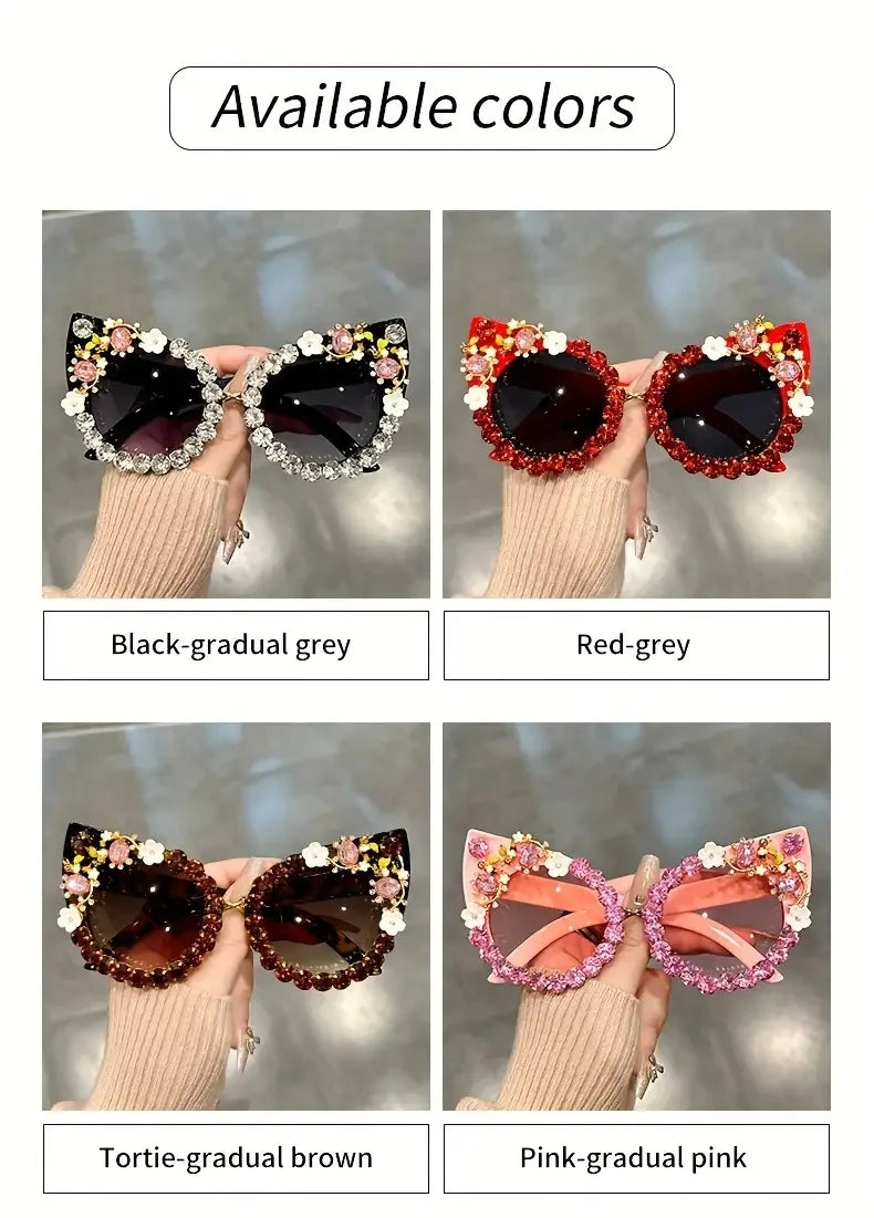Luxury Rhinestone Flower Sunglasses Cat Eye Gradient Decorative Shades Props For Costume Party Prom