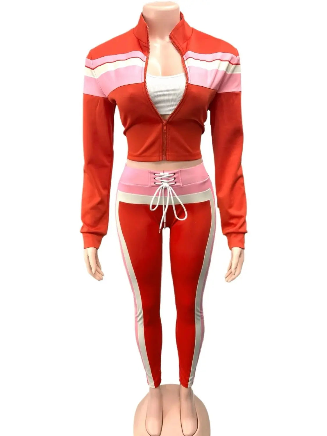 Weird Puss Patchwork Women 2Piece Set Tracksuit Sporty Long Sleeve Zip Crop Top+Shirring Leggings Matching Casual Skinny Outfits