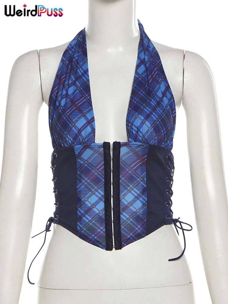 Weird Puss Bandage Button Tops Woman Summer Plaid Print Sexy Deep V-Neck Halter Skinny Wild Hipster Y2K Fashion Party Streetwear