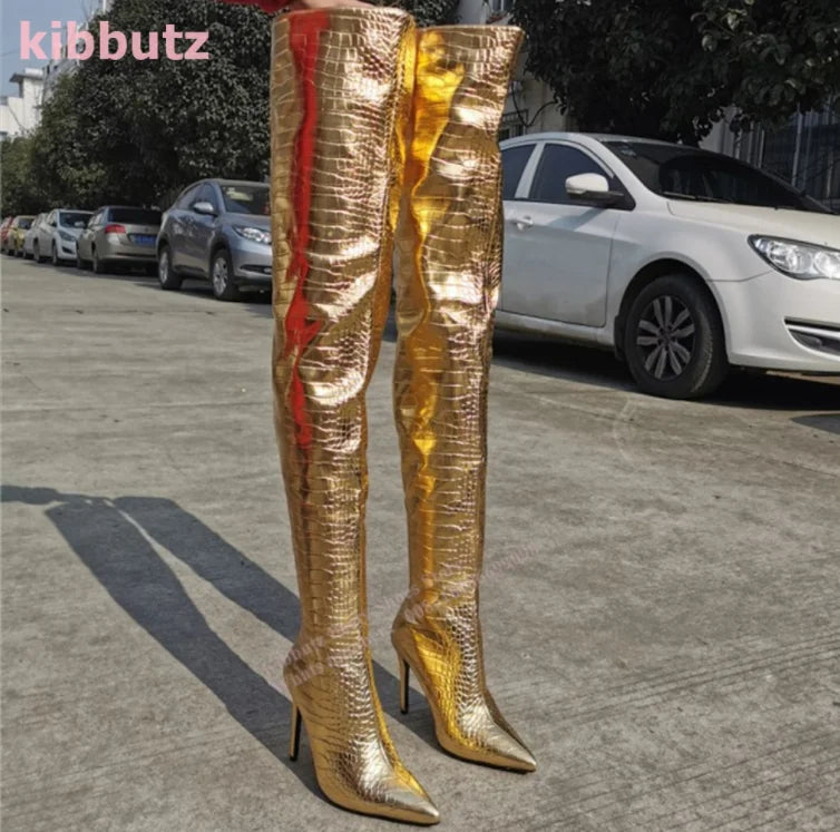 Golden Boots Over The Knee Crocodile Pattern Patent Leather Pointed Toe Thin Heel Nightclub Sexy Fashion Women Shoes 2023 Newest