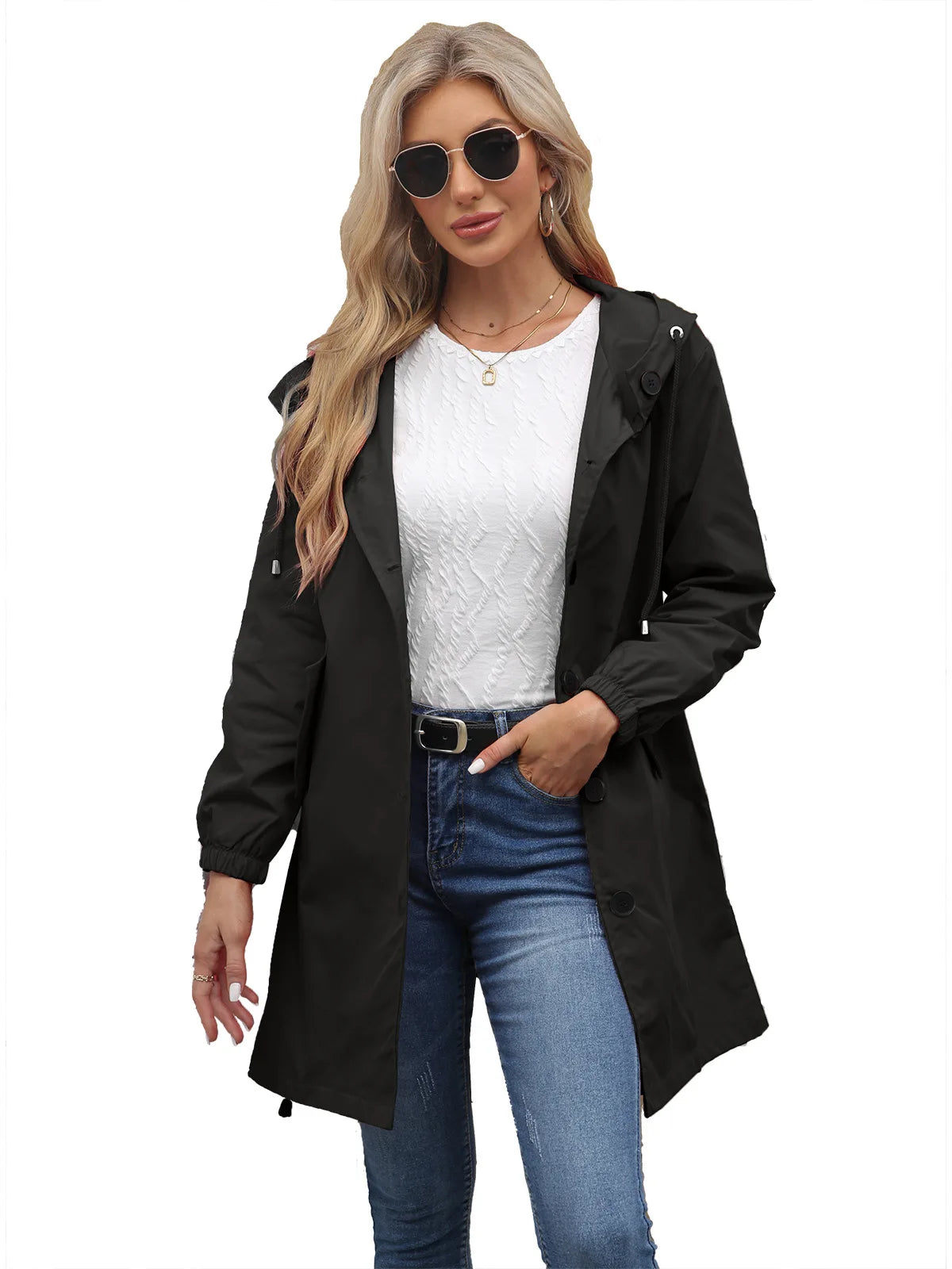 Spring Autumn Women's Trench Coat Water-Repellent Hooded Windbreaker Outdoor Loose Casual Zipper Long Jacket