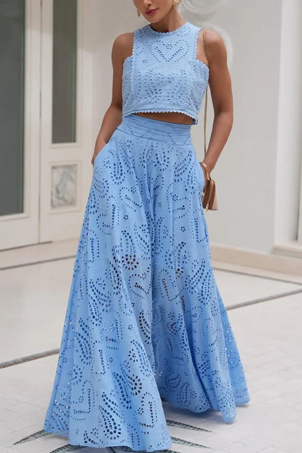 Women Hollow Out Sleeveless Embroidery Two-Piece Set 2025 O-Neck Blouse + Lace Pockets Skirt beach New Two Piece Set