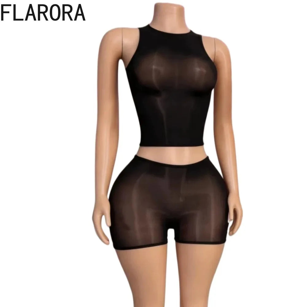 Sheer Mesh Sleeveless Crop Top And Shorts Set for Women