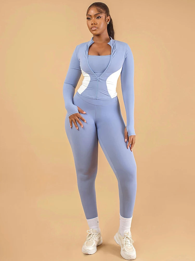 Weird Puss Contrast Patchwork 2 Piece Set Women Tracksuit Sporty Zip Full Sleeve Jacket+Skinny Leggings Daily Casual Streetwear