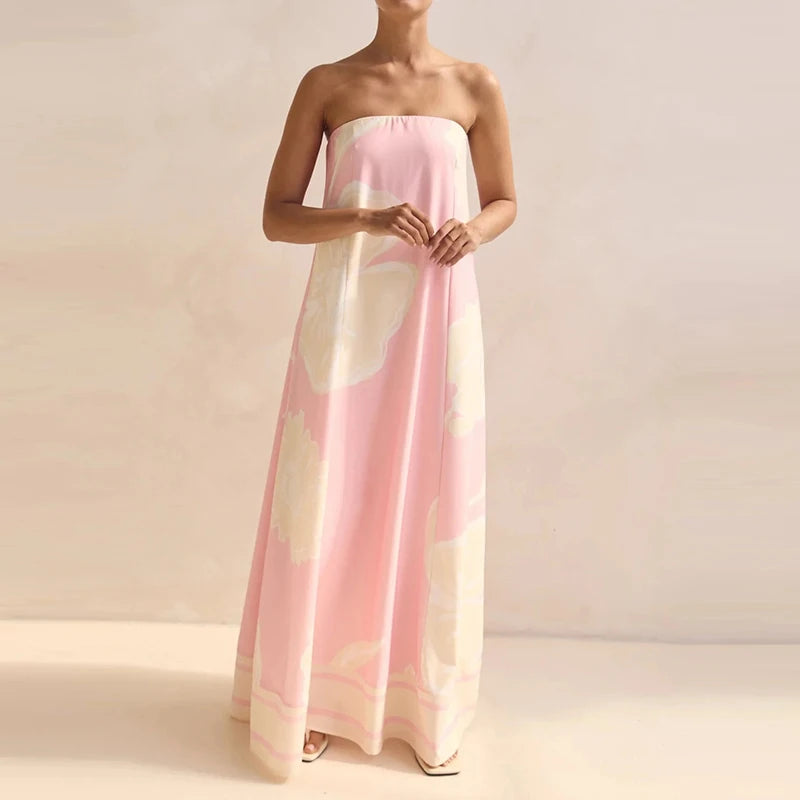 Casual Off Shoulder High Waist Loose Long Dress Backless Printed Holiday Women Dresses Summer Sexy Strapless Pleated Beach Dress