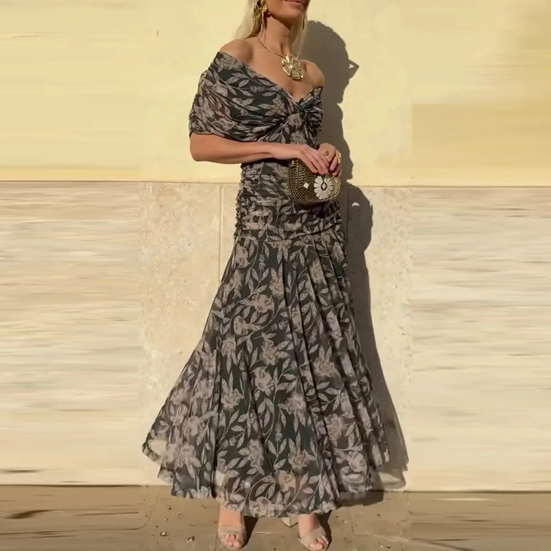 Fashion Off Shoulder High Waist Long Dress Women's Elegant Short Sleeve Commuter Dress New Spring Summer Printed Bohemian Dress