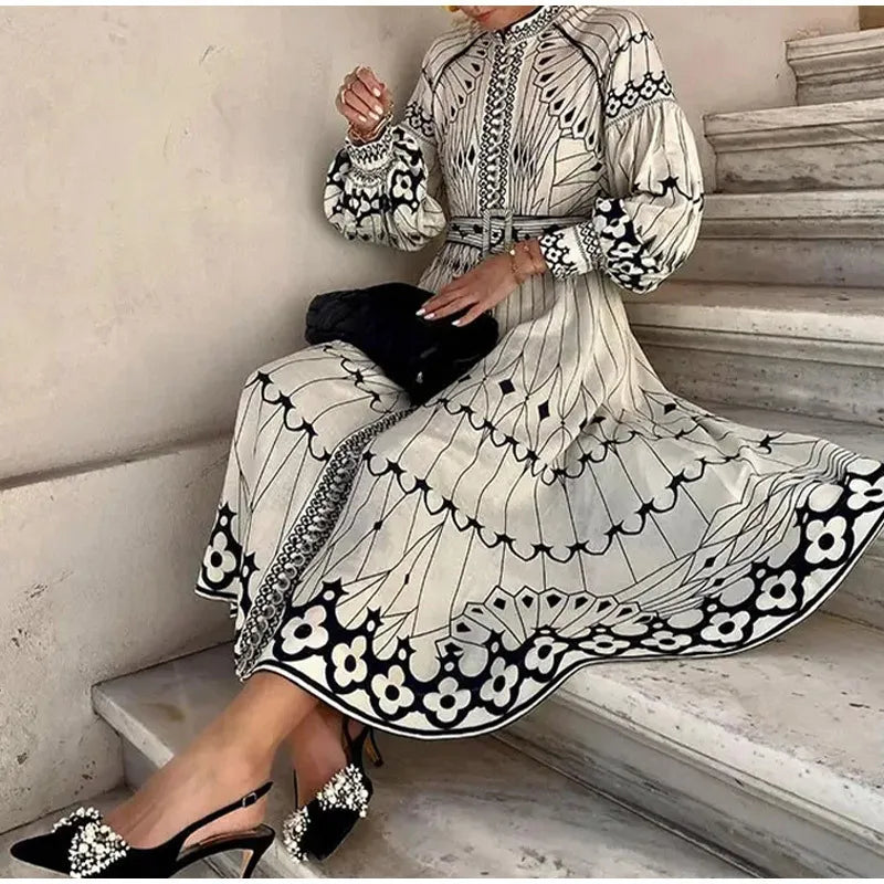 2025 Spring Women Vintage Long Dress Print Sashes Lantern Long sleeve Dresses Female Summer Elegant Fashion Office Lady Clothes