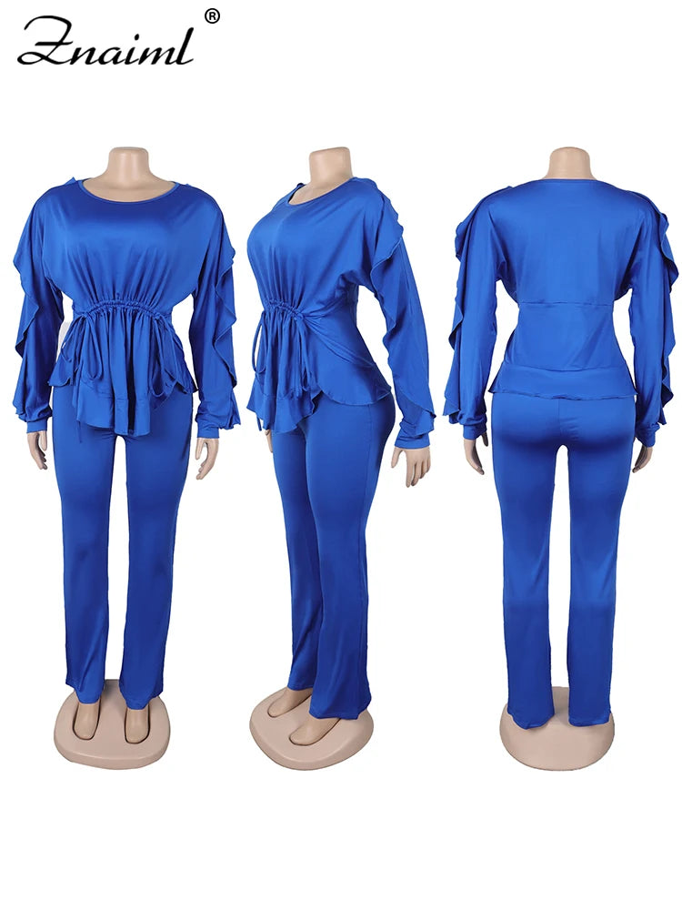 Znaaiml Elegant Blue 2 Piece Pants Sets Women Lantern Sleeve Drawstring Ruched Ruffles Top and Trousers Casual Street OL Outfits