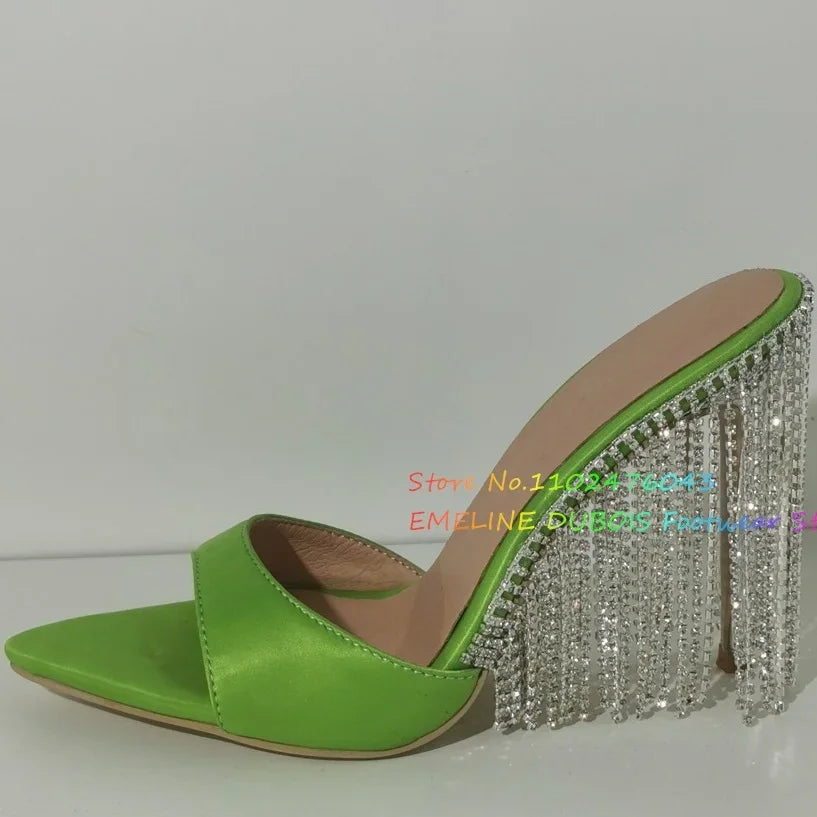Fringe Crystal Bling Sandals Solid Shiny Leather Slip On Pointy Toe Sandals Women Sexy Shoes Summer Party Runway Big Size Design