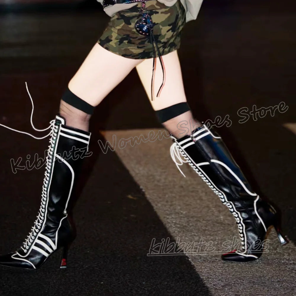 Sewing Knee High Boots Leather Lace-Up Patchwork Square Toe Kitten Heels Fashion Luxury Elegant Concise Sexy Women Shoes Newest