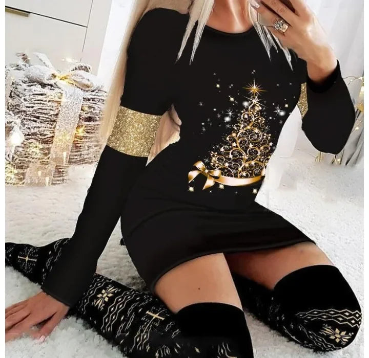 Christmas Dresses Women and Fall New Long Sleeved Printed Short Dress Fashionable Versatile Base Skirt for Female 2024 Summer