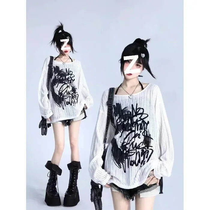 White Inner Long Sleeve T-Shirt Women's Graffiti Printing Sun Protection Cover Up Loose-Fit Knitted Top Pure Desire Top
