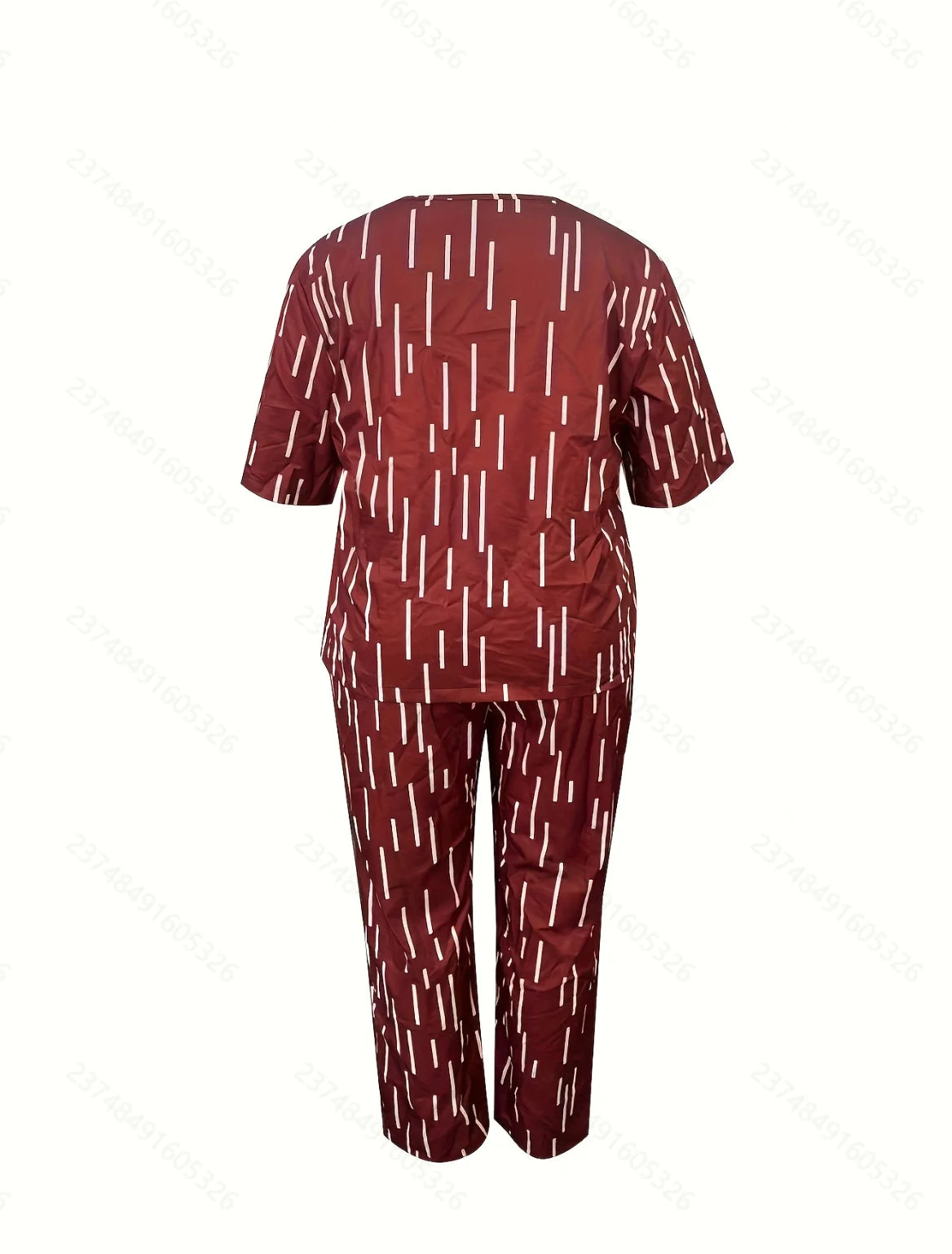 Wide leg pants set Short sleeve top Round neck Striped print Casual style Loose fit Burgundy Resort wear Simple and stylish Comf