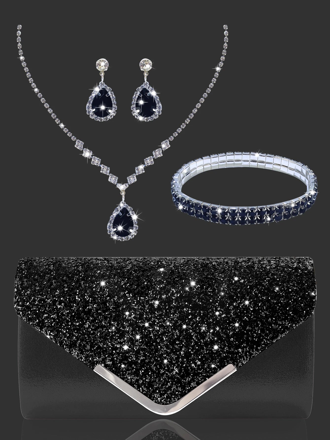 Sparkling and luxurious sequined evening clutch for women, paired with a gorgeous rhinestone necklace, earrings and bracelet set