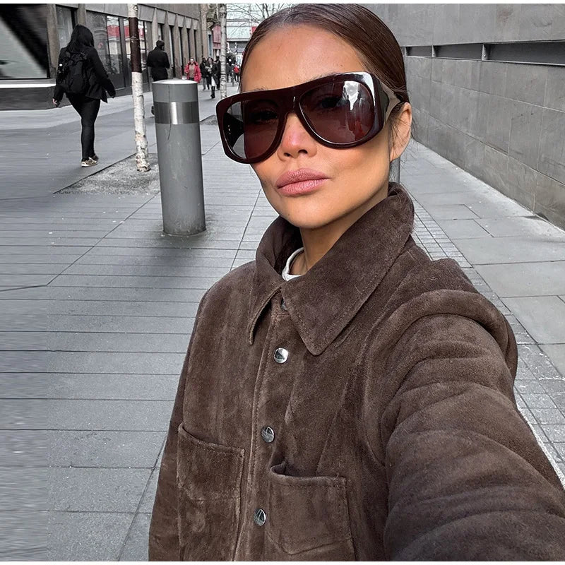 Big Pockets Suede Short Women's Jackets Vintage Lapel Single Breasted Full Sleeve Jacket Lady 2025 Spring Fashion Streetwears