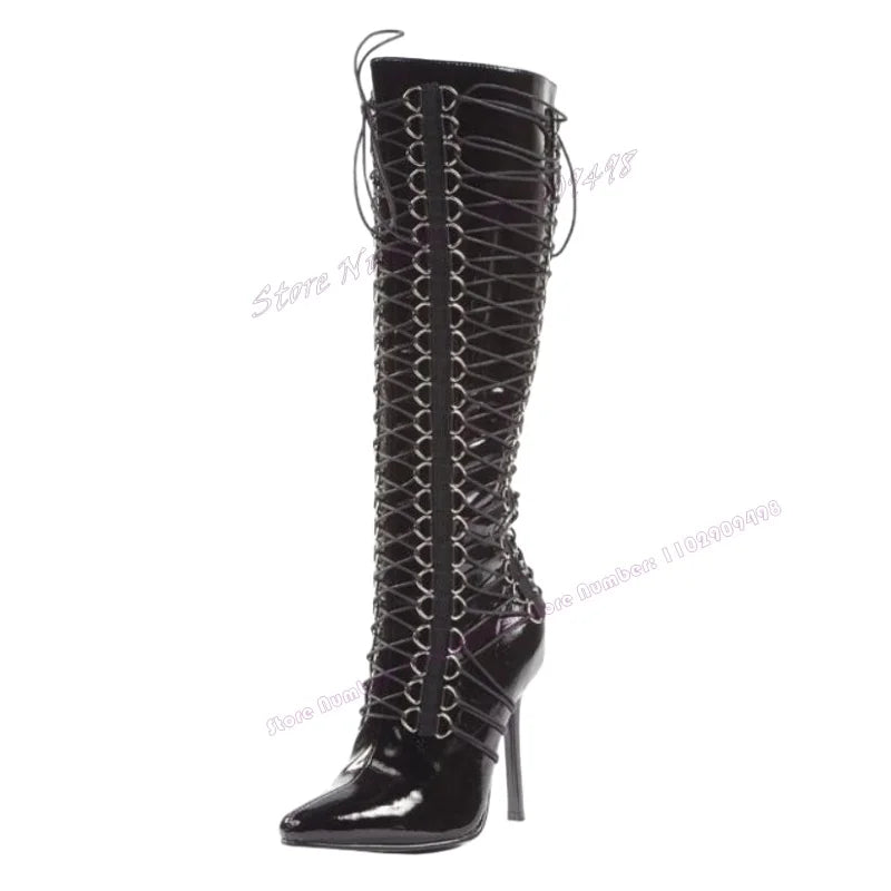Cross-Tied Buckle Knee High Boots