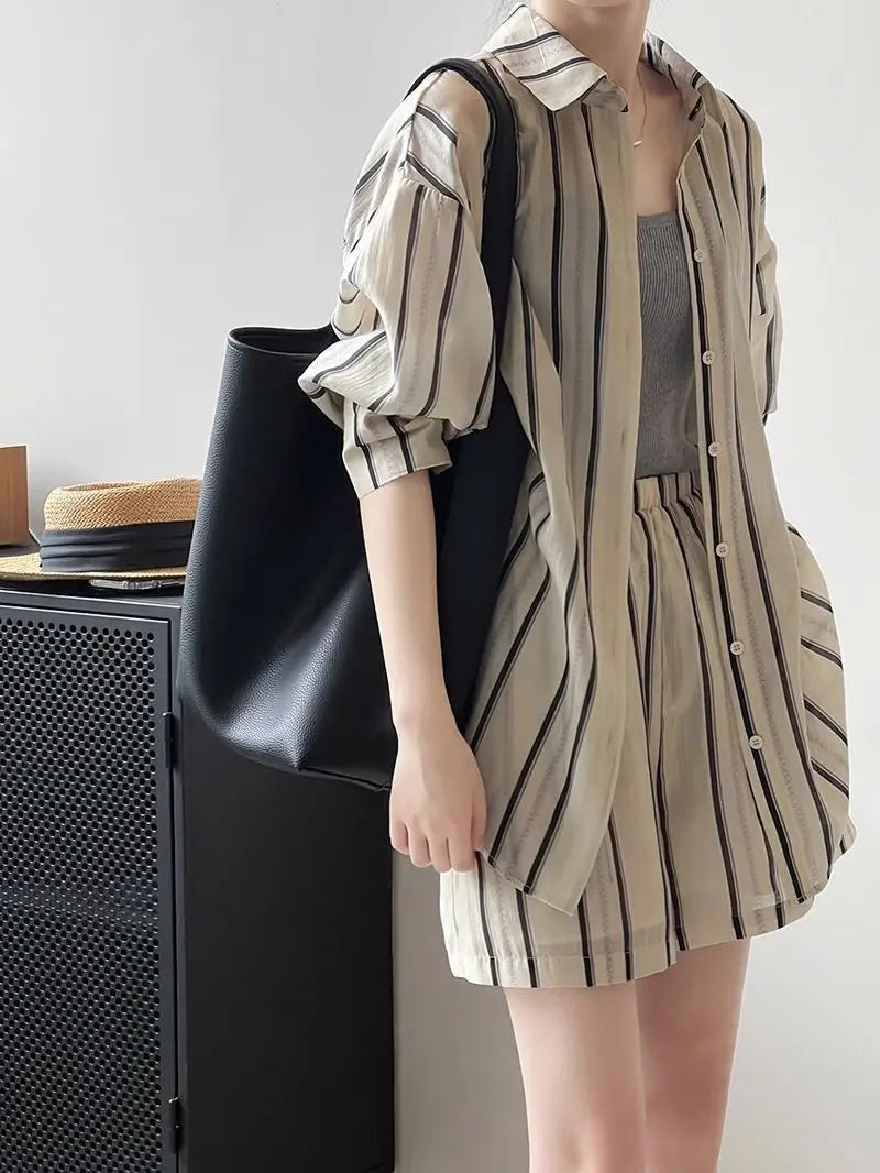 Striped Shirt Shorts And Suits Sun Protection cClothing Casual Sports Suit Women's Summer Fashion Shorts Two-Piece Set Female