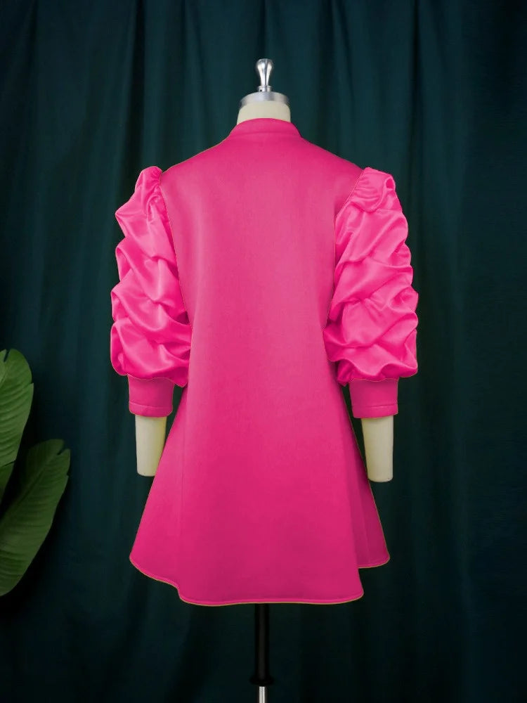 Wmstar Plus Size Dresses for Women Elegant Lady Loose Purff Zipper Up Long Sleeve Party Mini Dress Wholesale Dropshipping 2024