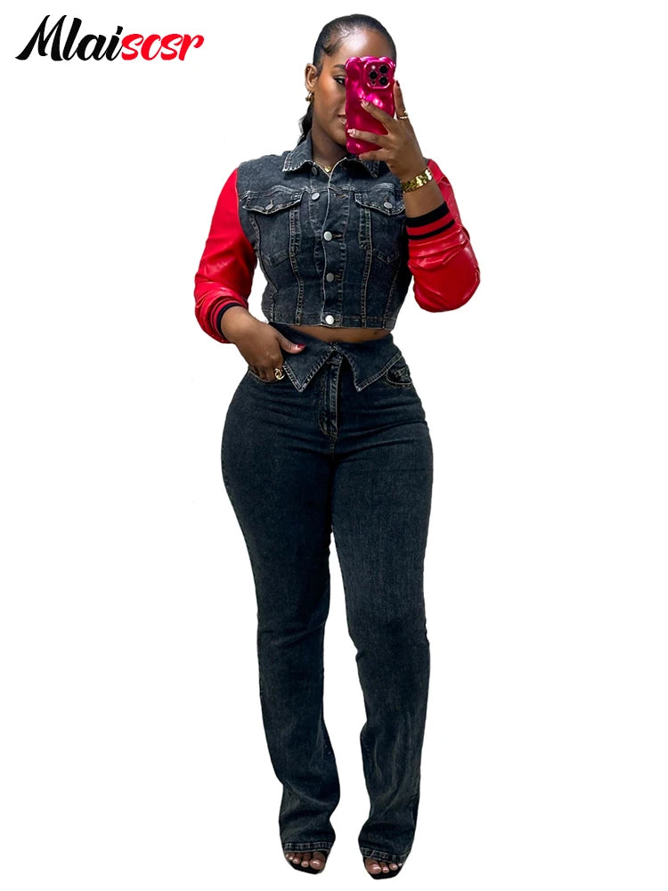 Mlaiscsr Fall Winter Fashion Pu Leather Long Sleeve Patchwork Stretch Denim Jacket and Jeans Pants 2 Piece Set Women Streetwear