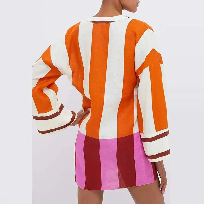 Autumn Long Sleeve Loose Bohemian Dress Vintage Contrast Striped Print V Neck Women Dress Spring Casual Patchwork Vacation Dress
